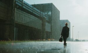 Wide shot of a man standing in the rain in front of a big industrial building. Sun from the back.