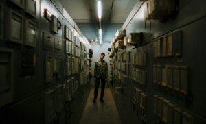 A man is standing in the middle of an electrical operating room top lit by neon tubes. Typical analogue feel of the Zeiss Standard Speeds