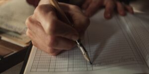 Wide angle detail shot of a hand holding a pencil and writing in a note book. The Clavius lens is creating an old cinema look.