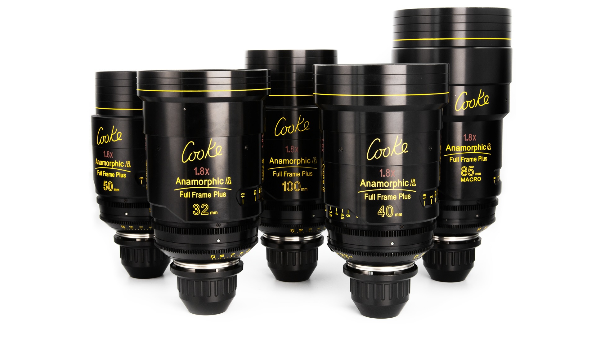 An ensemble of Cooke full-frame anamorphic lenses, each equipped with a PL mount, elegantly arranged against a pristine white backdrop. These lenses, renowned for their cinematic prowess and unique optical characteristics, boast a squeeze factor of 1.8x, delivering stunning widescreen imagery with enhanced depth and perspective. The precision-engineered PL mount ensures seamless compatibility with a wide range of professional cinema cameras. With their distinct aesthetic and exceptional performance, Cooke anamorphic lenses are a hallmark of cinematic excellence and creative storytelling.