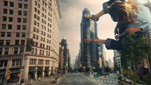 Giant woman standing on skyscraper facade. Shot on ARRI Ultra Primes. 