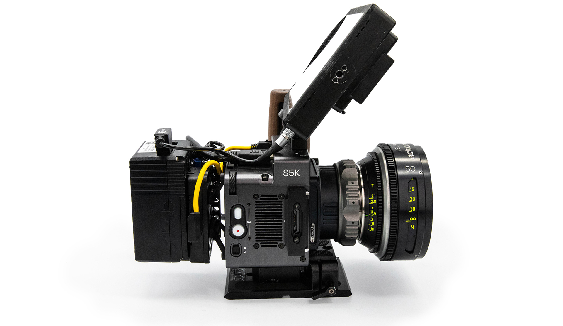 S5K Ember Highspeed camera outfitted with a rehoused Leica R macro lens by TLS, captured against a pristine white background.