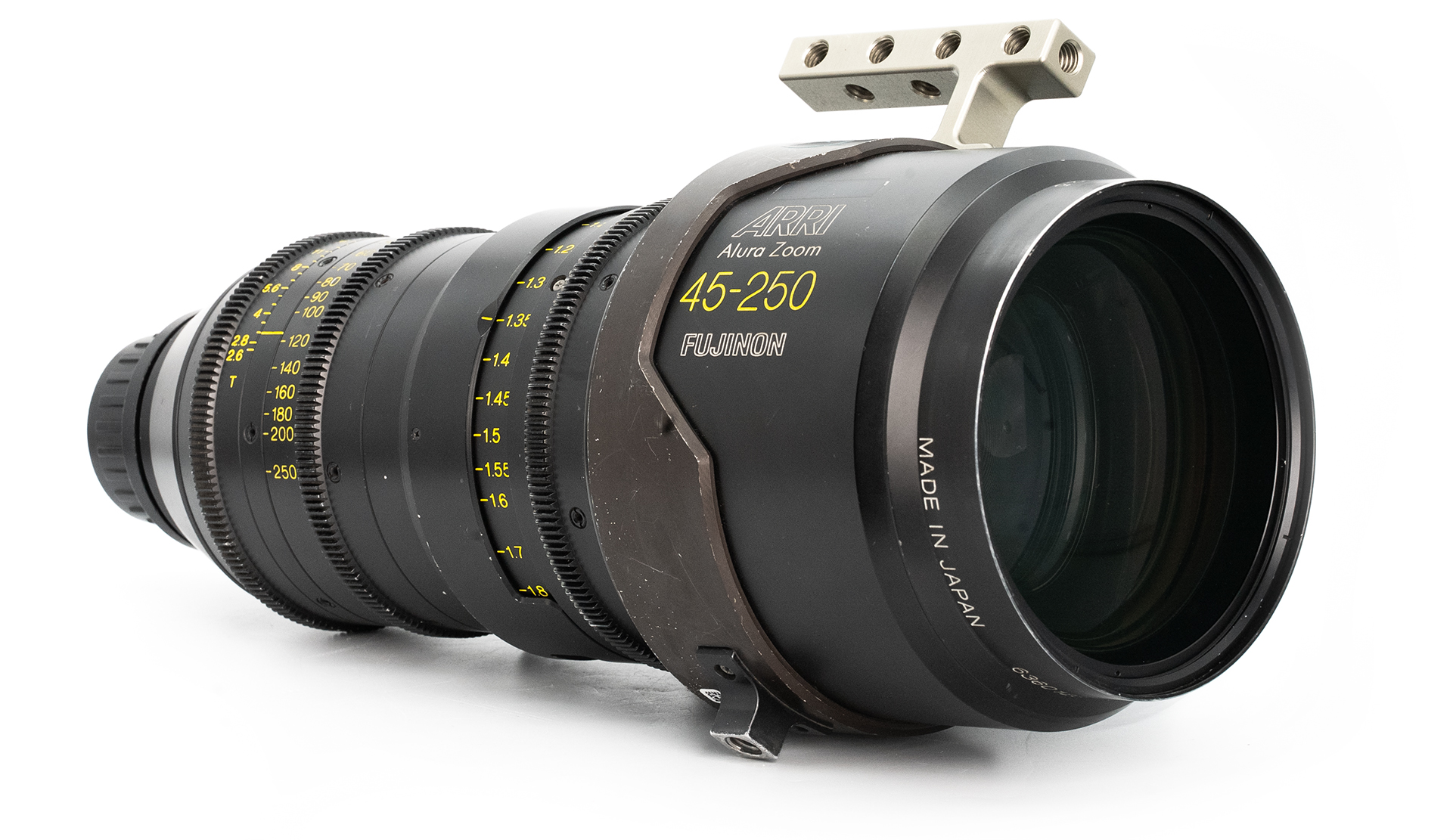 ARRI Alura Zoom 45–250mm T2.6 Fujinon cinema lens with PL mount, long-range cine zoom for Super 35 cameras, shown with support bracket on white background.