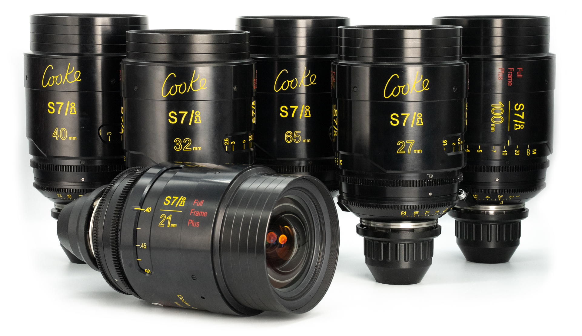 Cooke S7/i Full Frame Plus cine prime lenses set, showcasing 21mm, 27mm, 32mm, 40mm, 65mm and 100mm focal lengths, PL mount full-frame cinema lenses with /i technology.