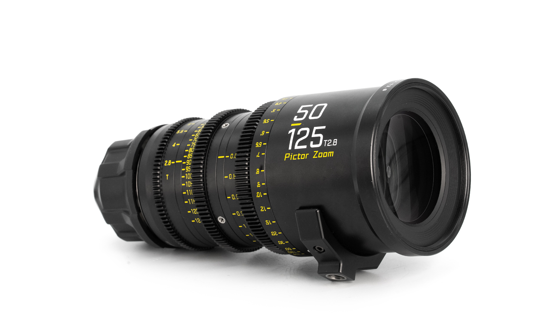 DZOFilm Pictor 50–125mm T2.8 cine zoom lens with PL mount, Super 35 parfocal cinema lens displayed on white background.