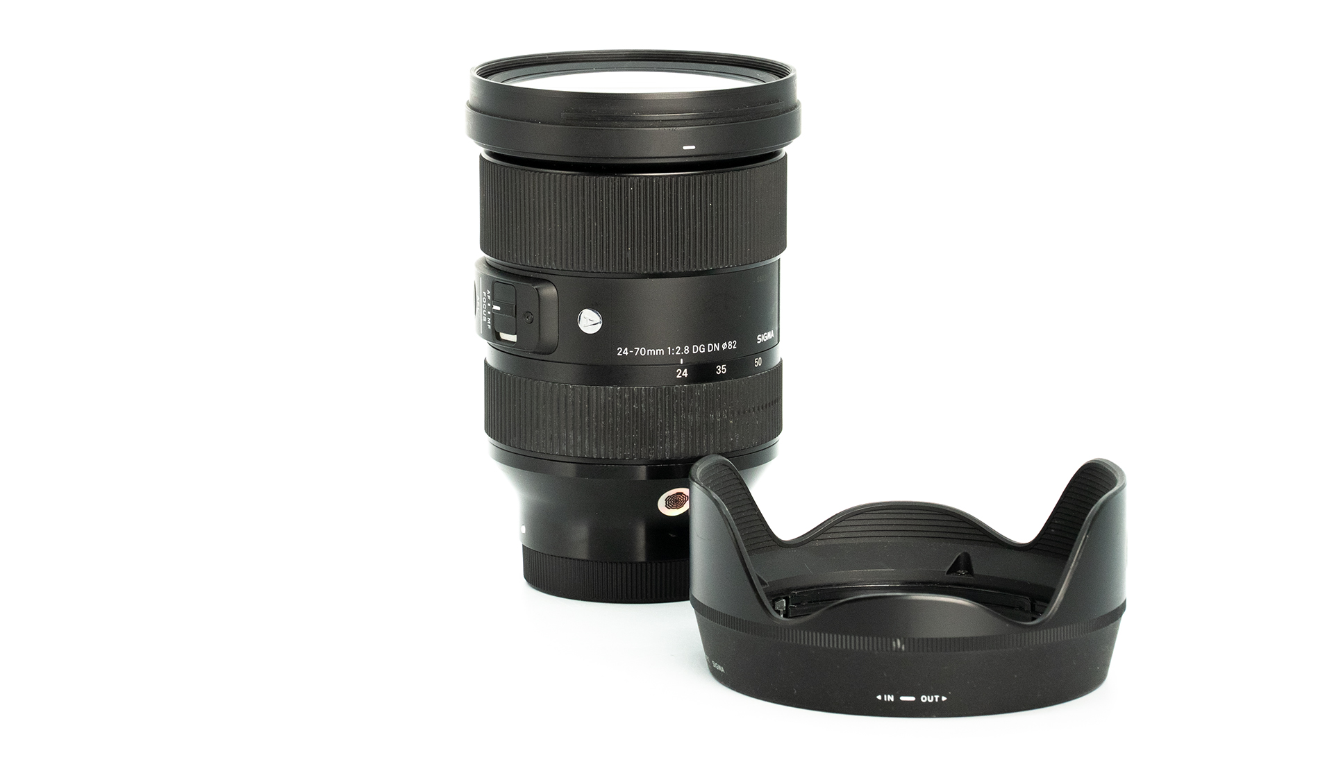 Sigma Art Zoom 24-70mm f2.8 dg Lens displayed on a white background, with E-mount capability.
