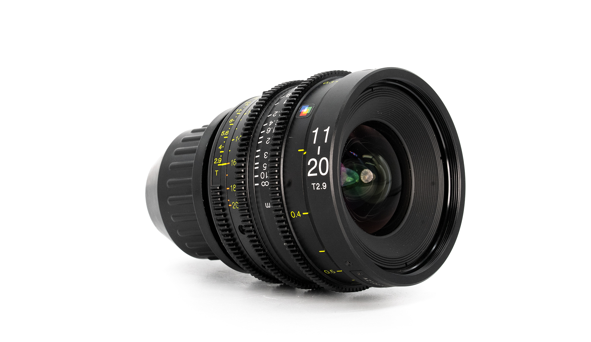 Tokina Cinema ATX 11–20mm T2.9 ultra-wide zoom lens with PL mount and geared focus, iris and zoom rings, displayed on a white background.