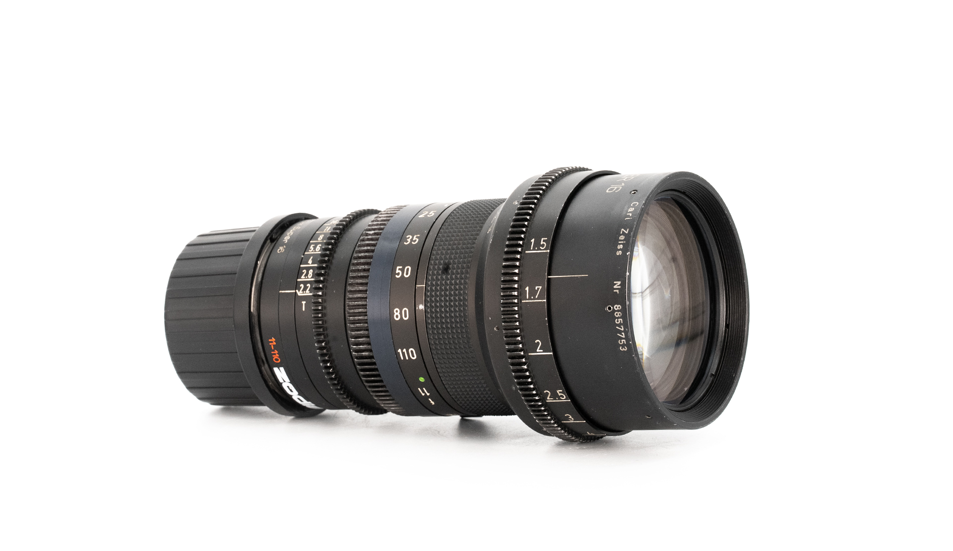 Carl Zeiss Vario-Sonnar 11–110mm T2 Super 16 cinema zoom lens with PL mount, vintage cine zoom displayed on white background.