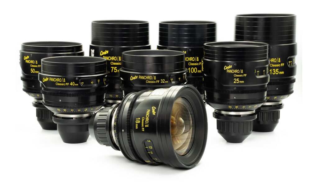 COOKE Panchro/i Classic FF Collection of Cooke Panchro FF lenses standing infront of white background.
