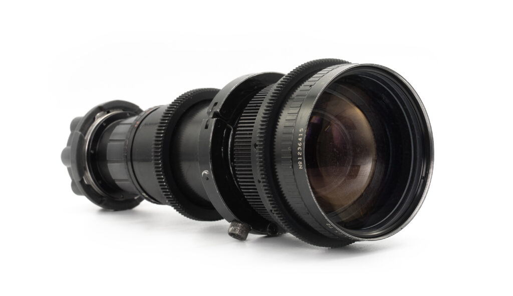 Angénieux 25–250mm cinema zoom lens (T3.9/T2), shown on a neutral background, featuring a long focal range, vintage housing and large front element.