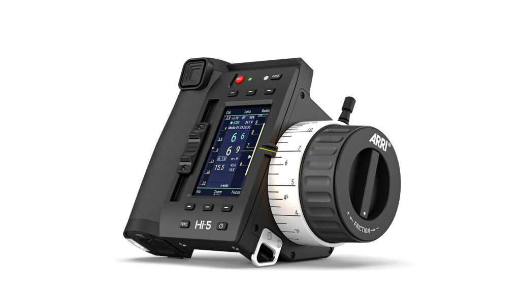 ARRI Hi 5 wireless follow focus hand unit for precise focus, iris and zoom control in professional cine camera setups.