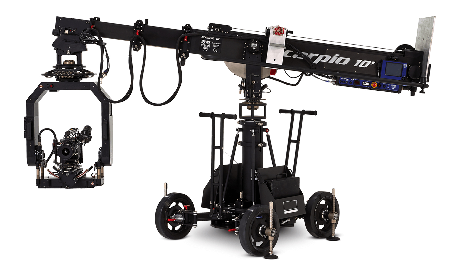 Scorpio 10 telescopic camera crane with remote head, camera rig and wheeled base for professional film and commercial productions.